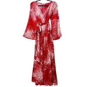Ricarica Red Leaf Print Belted Maxi Dress Long Bell Sleeves L